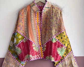 Handmade Vintage Kantha Quilted Jacket, Reversible Cotton Bomber, Artisan Patchwork Coat