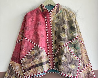 Vintage Cotton Kantha Jacket, Handmade Quilted Patchwork Jacket, Boho Artisan Outerwear