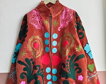 Handmade Boho Floral Embroidered Velvet Jacket, Indian Folk Art Statement Coat