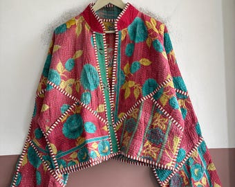 Vintage Cotton Kantha Jacket, Handmade Boho Outerwear, Reversible Patchwork Coat, Artisan Jacket
