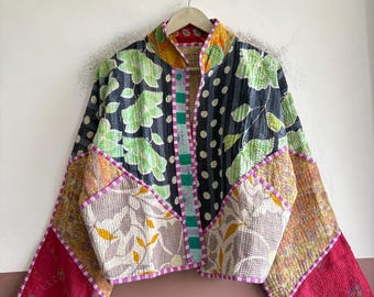 Reversible Kantha Jacket, Vintage Handmade Cotton Patchwork Coat, Bohemian Quilted Outerwear