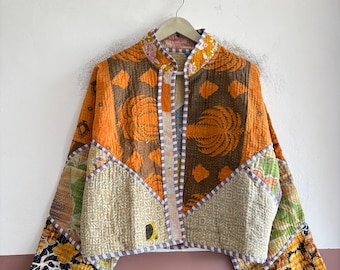 Boho Kantha Jacket, Handmade Cotton Patchwork Jacket, Vintage Quilted Bohemian Outerwear