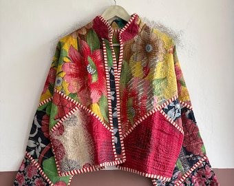 Boho Kantha Jacket, Handmade Cotton Patchwork Jacket, Vintage Quilted Outerwear, Unique Artisan Clothing