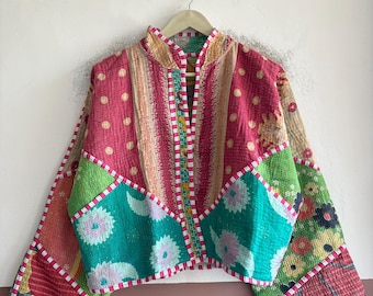 Reversible Kantha Jacket, Handmade Vintage Cotton Jacket, Boho Quilted Patchwork Outerwear, Artisan Coat