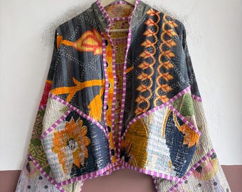 Bohemian Kantha Jacket, Vintage Reversible Patchwork Coat, Handmade Quilted Cotton Outerwear