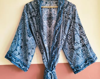 Handmade Blue Paisley Silk Kimono Robe, Vintage Sari Loungewear, Bridal Gift