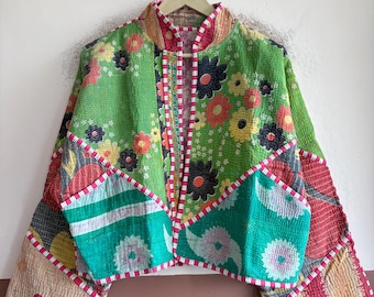 Reversible Kantha Jacket, Handmade Vintage Cotton Coat, Bohemian Patchwork Quilted Jacket