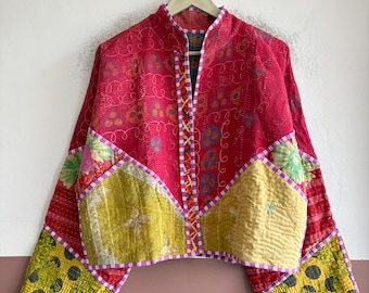 Handmade Kantha Jacket, Vintage Quilted Patchwork Coat, Reversible Bohemian Cotton Outerwear