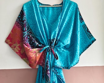 Handmade Upcycled Crepe Silk Kaftan Dress, Recycled Saree Fabric Resort Wear