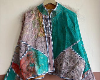 Handmade Vintage Kantha Jacket, Reversible Patchwork Cotton Coat, Bohemian Style