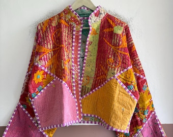Handmade Boho Kantha Jacket, Cotton Patchwork Outerwear, Vintage Quilted Artisan Jacket
