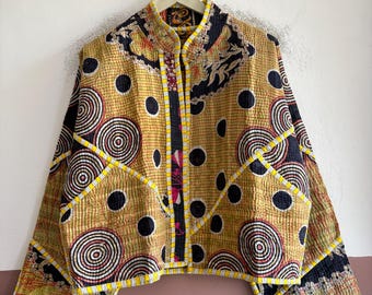 Vintage Boho Kantha Jacket, Handmade Cotton Quilted Coat, Artisan Patchwork Outerwear