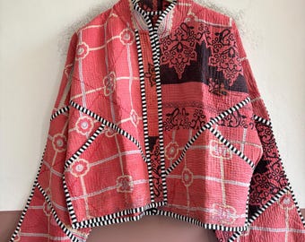 Reversible Boho Kantha Jacket, Handmade Vintage Cotton Patchwork Jacket, Quilted Bohemian Coat