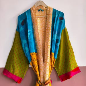 Silk Patchwork Kimono Robe - Light Weight Summer Beach Wear Kimono Gown - Bohemian Floral Print Patches Bathrobe For Women's -