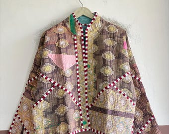 Reversible Cotton Kantha Jacket, Handmade Vintage Patchwork Jacket, Boho Quilted Outerwear