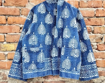 Indigo Block Print Kantha Jacket | Quilted Cotton Boho Coat | Artisan Layering Piece