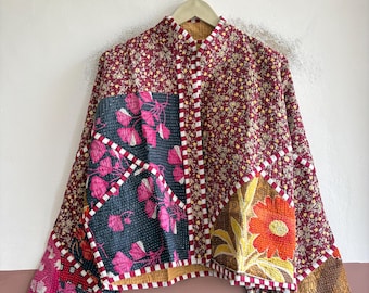 Boho Cotton Jacket, Handmade Vintage Patchwork Jacket, Reversible Kantha Quilted Outerwear