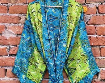 Silk Kimono Robe, Recycled Sari Fabric, Hand Embroidered, Robe For Women