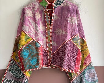 Vintage Handmade Kantha Jacket, Reversible Boho Patchwork Coat, Quilted Cotton Artisan Outerwear