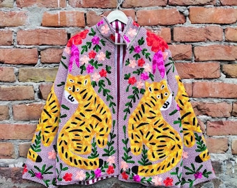Tiger Embroidered Jacket, Floral Boho Coat, Handmade Artisan Festival Wear