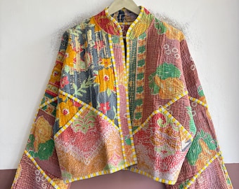 Vintage Kantha Quilted Jacket, Handmade Reversible Cotton Outerwear, Boho Artisan Coat