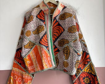 Quilted Kantha Jacket, Handmade Vintage Cotton Outerwear, Boho Patchwork Jacket, Artisan Coat