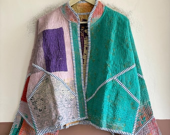 Artisan Cotton Kantha Jacket, Vintage Handmade Patchwork Coat, Bohemian Quilted Outerwear