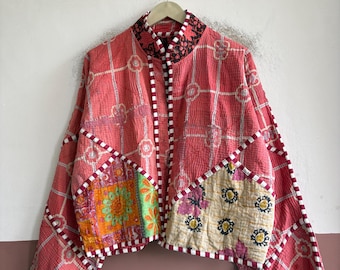 Bohemian Patchwork Jacket, Vintage Kantha Cotton Coat, Handmade Reversible Outerwear, Boho Clothing