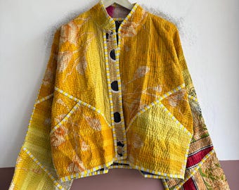 Reversible Kantha Jacket, Vintage Handmade Cotton Patchwork Coat, Bohemian Quilted Outerwear