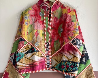 Boho Kantha Jacket, Vintage Reversible Cotton Coat, Handmade Quilted Patchwork Outerwear, Artisan Style