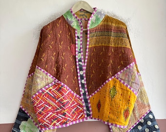 Vintage Quilted Kantha Jacket, Handmade Cotton Boho Jacket, Artisan Patchwork Outerwear