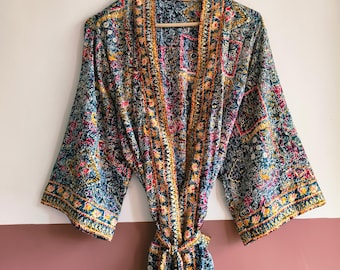Handmade Recycled Silk Kimono Robe, Multicolor Floral Boho Loungewear