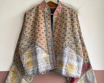 Artisan Kantha Jacket, Handmade Vintage Cotton Outerwear, Boho Patchwork Coat, Unique Quilted Jacket