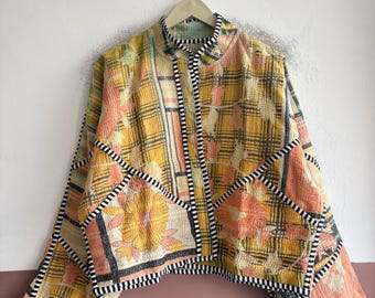 Artisan Kantha Jacket, Vintage Reversible Cotton Jacket, Handmade Boho Patchwork
