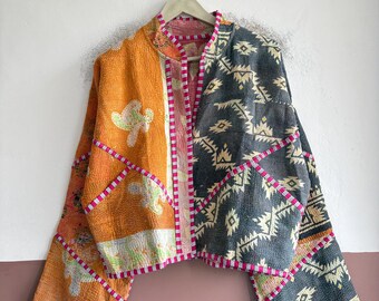 Boho Kantha Jacket, Vintage Patchwork Cotton Jacket, Handmade Quilted Outerwear, Bohemian Style Coat