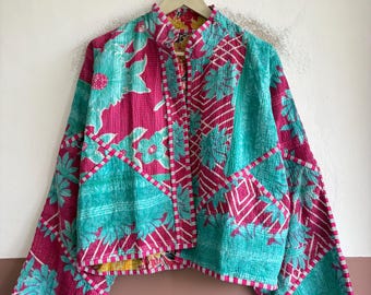 Reversible Kantha Jacket, Vintage Handmade Cotton Outerwear, Boho Quilted Jacket