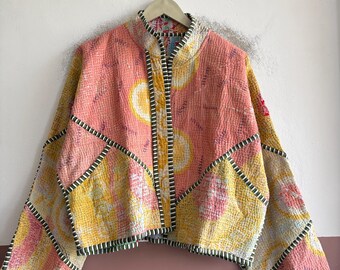 Boho Kantha Jacket, Vintage Reversible Cotton Coat, Handmade Quilted Patchwork Outerwear, Artisan Style