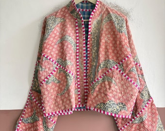Vintage Kantha Quilted Jacket, Handmade Boho Cotton Coat, Reversible Patchwork Outerwear