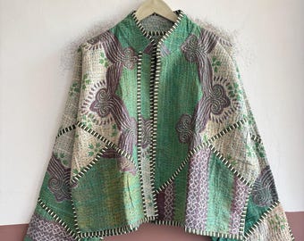 Handmade Boho Kantha Jacket, Vintage Cotton Patchwork Outerwear, Artisan Quilted Jacket
