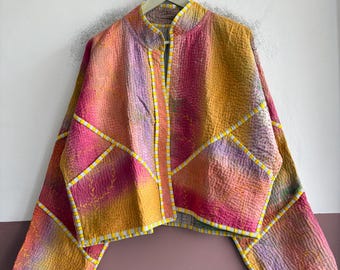 Vintage Handmade Kantha Jacket, Boho Reversible Cotton Patchwork Coat, Unique Artisan Outerwear