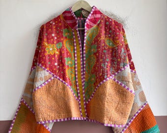 Vintage Kantha Quilted Jacket, Reversible Hand-Stitched Cotton Bomber (15+ Years Old)