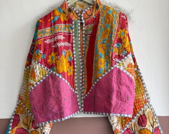 Vintage Kantha Jacket, Reversible Patchwork Cotton Coat, Handmade Boho Quilted Outerwear