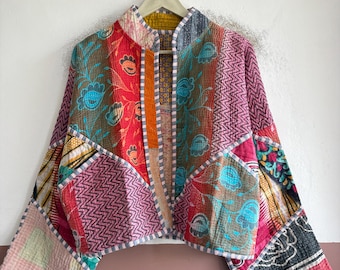 Vintage Kantha Jacket, Reversible Handmade Patchwork Jacket, Boho Quilted Cotton Coat, Artisan Wear