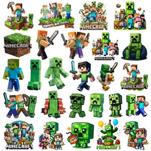 May include: A collection of Minecraft-themed stickers featuring pixelated characters including Steve, Alex, Creepers, and animals. The designs display various poses, weapons, and the Minecraft logo. Each sticker has a white border and vibrant colors.