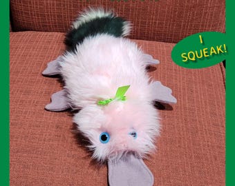 Long-haired PINK Platypus squeaky WEIGHTED plush - multicolor stuffed animal, adoptable flatypus, puggle, handmade plushie