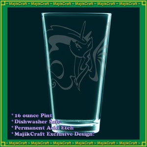 May include: A clear glass 16 ounce pint glass with a design of a unicorn etched into the side. The text "16 ounce Pint", "Dishwasher Safe", "Permanent Acid Etch", and "MajikCraft Exclusive Design!" is printed on the glass.