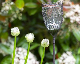 Garden Tea Light Stake - Garden Lantern - Wedding Candle Holder - Outdoor Lattice Wire Grey Candle Lantern - Metal Candle Holder