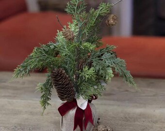 Artificial Tabletop Fir Tree with Red Velvet Ribbon - Christmas Faux Foliage Winter Table Decor