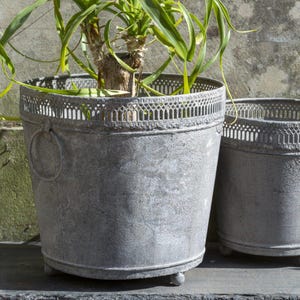 Puede incluir: Dos maceteros de metal gris desgastado con bordes decorativos y pequeños pies. Uno de los maceteros contiene una planta verde con hojas largas y delgadas. Los maceteros tienen una estética rústica y vintage.