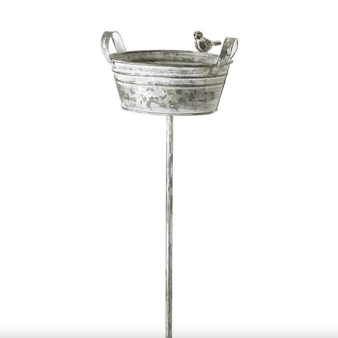 Zinc Metal Bucket Bird Feeder Garden Stake - Bird on Bucket Garden ...